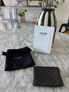 Celine Brown & Black Logo Zip Coin Pouch with Dust Bag